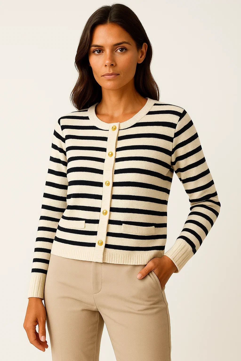 Cardigan Rayé | Maille Douce | Détails Or