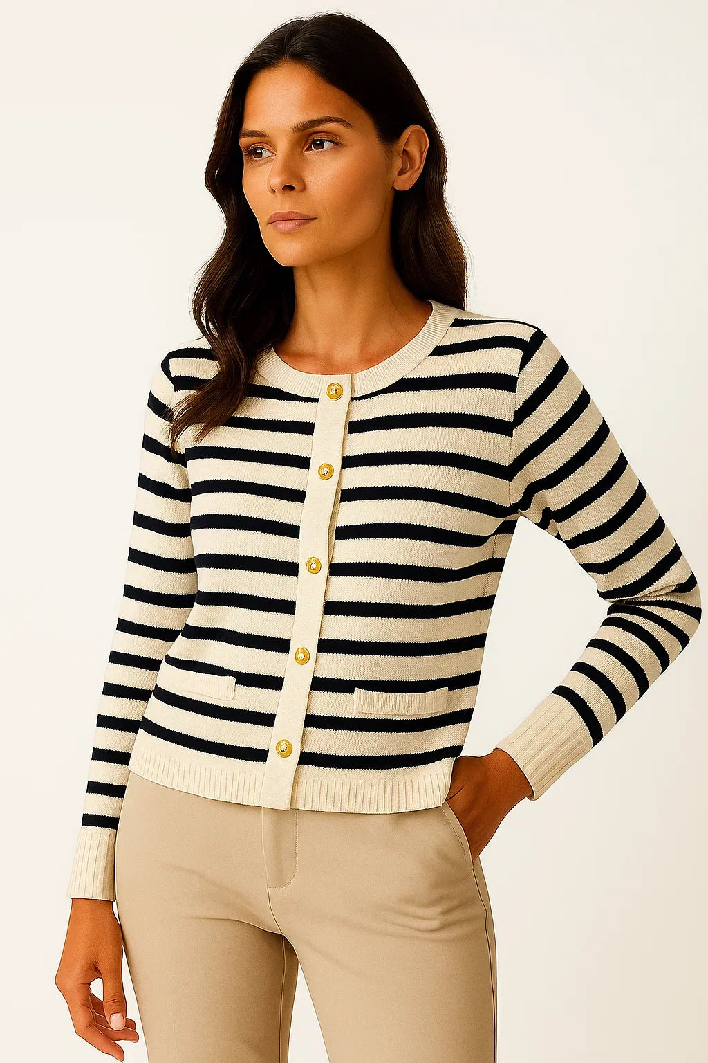 Cardigan Rayé | Maille Douce | Détails Or