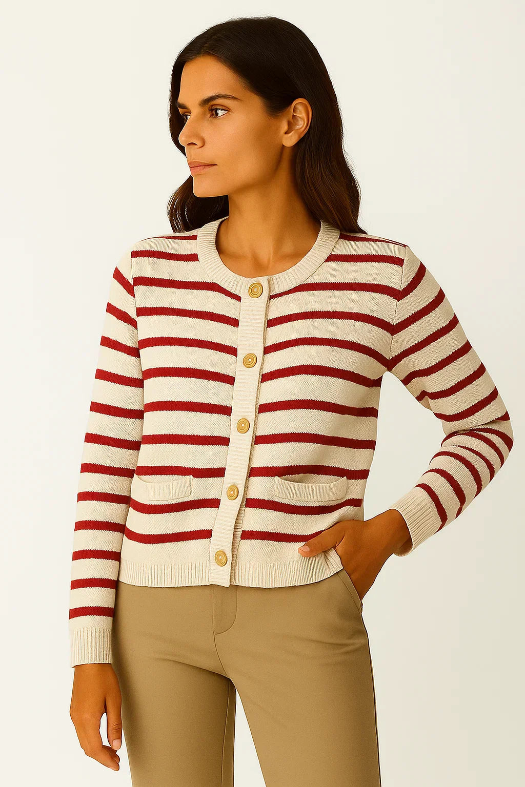 Cardigan Rayé | Maille Douce | Détails Or