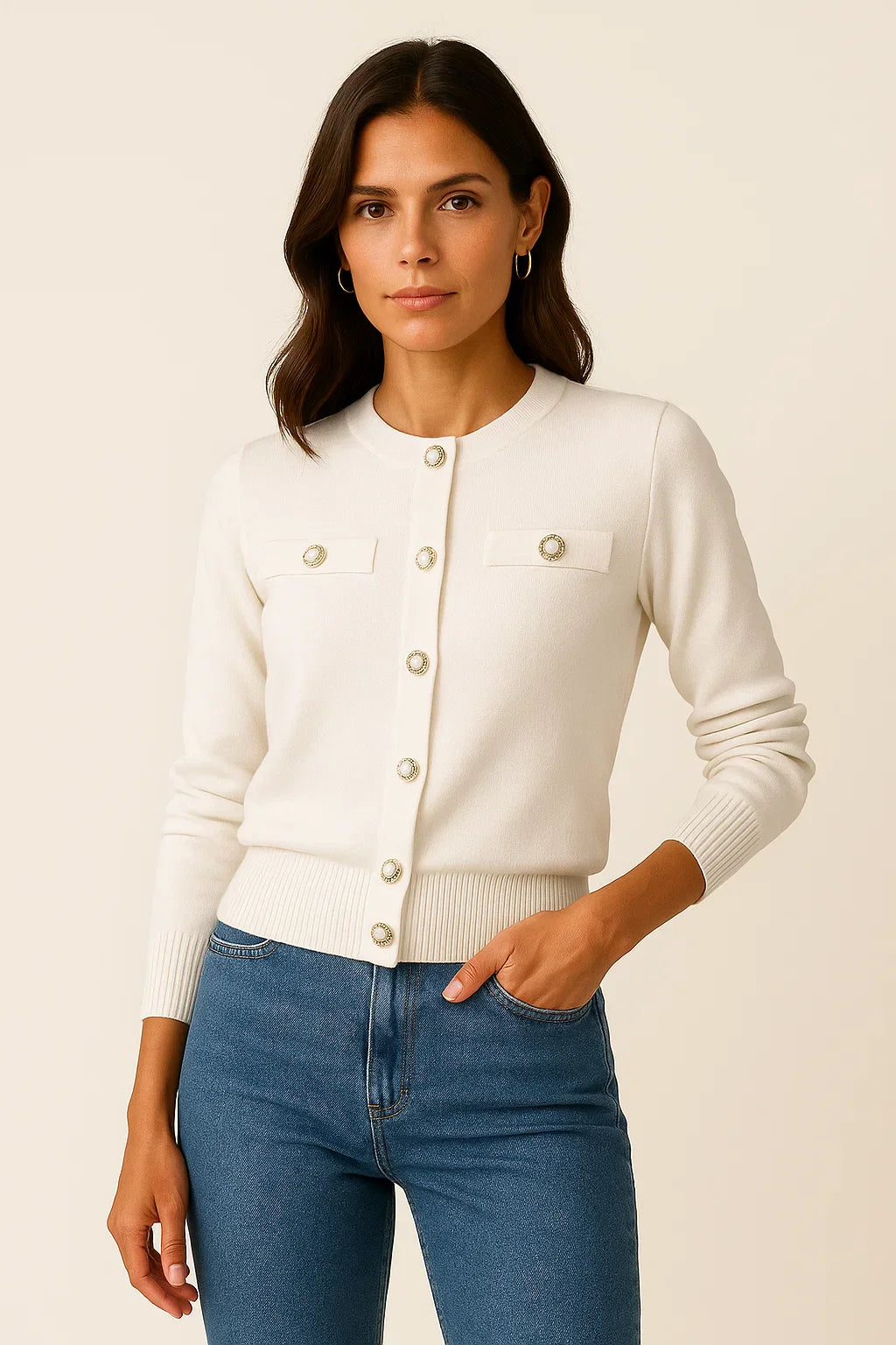 Cardigan en Laine-Coton pour Femme | Tricot à Bouton Perle | Coupe Regular
