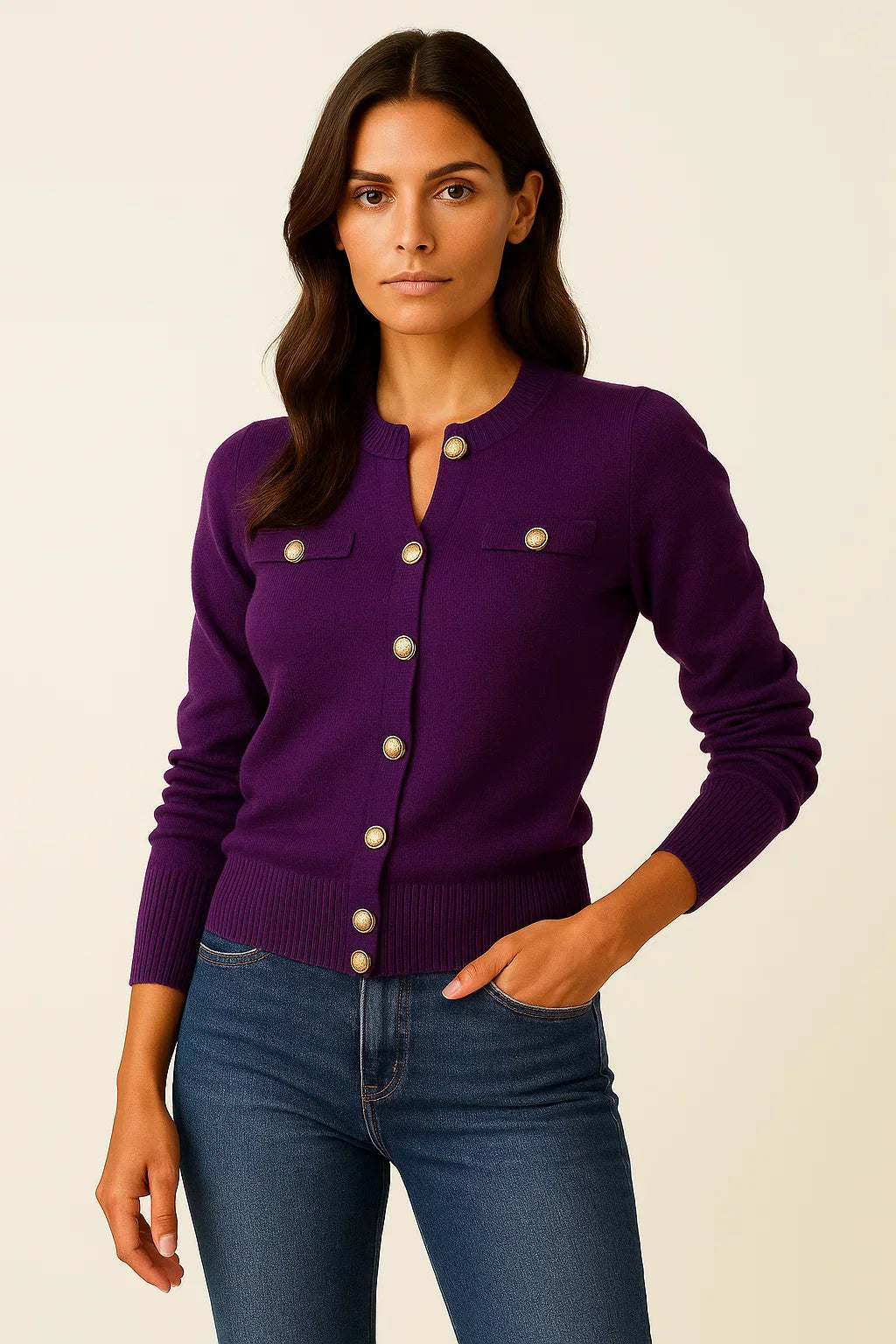 Cardigan en Laine-Coton pour Femme | Tricot à Bouton Perle | Coupe Regular