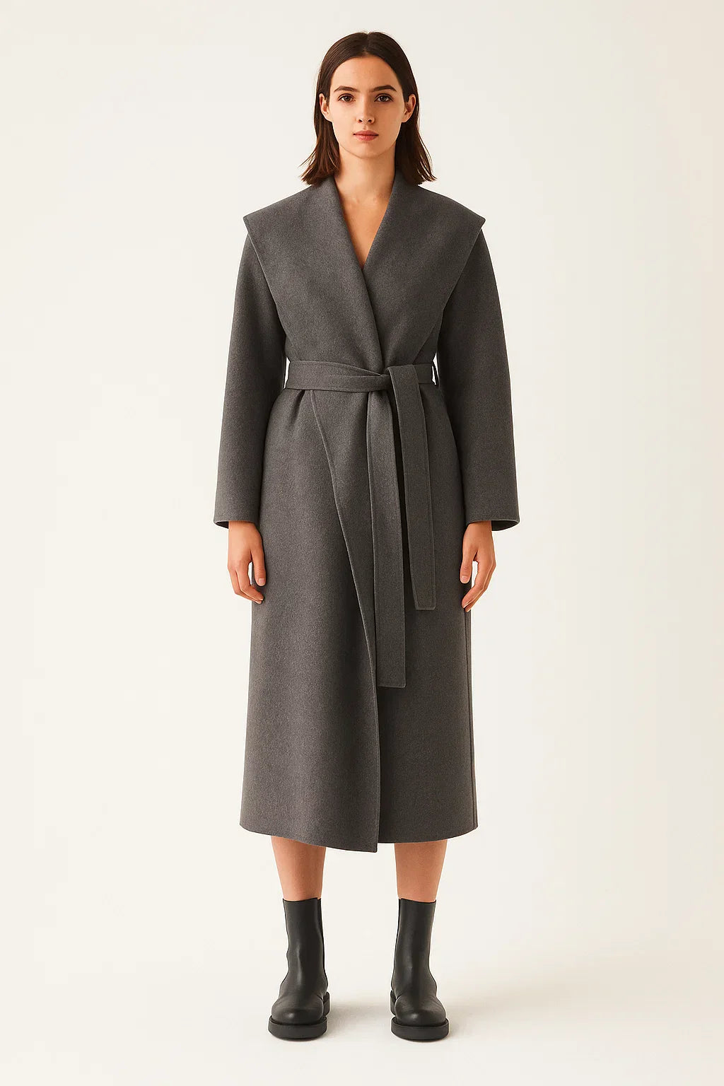 Manteau Long en Mélange de Laine | Col Châle | Ceinturé