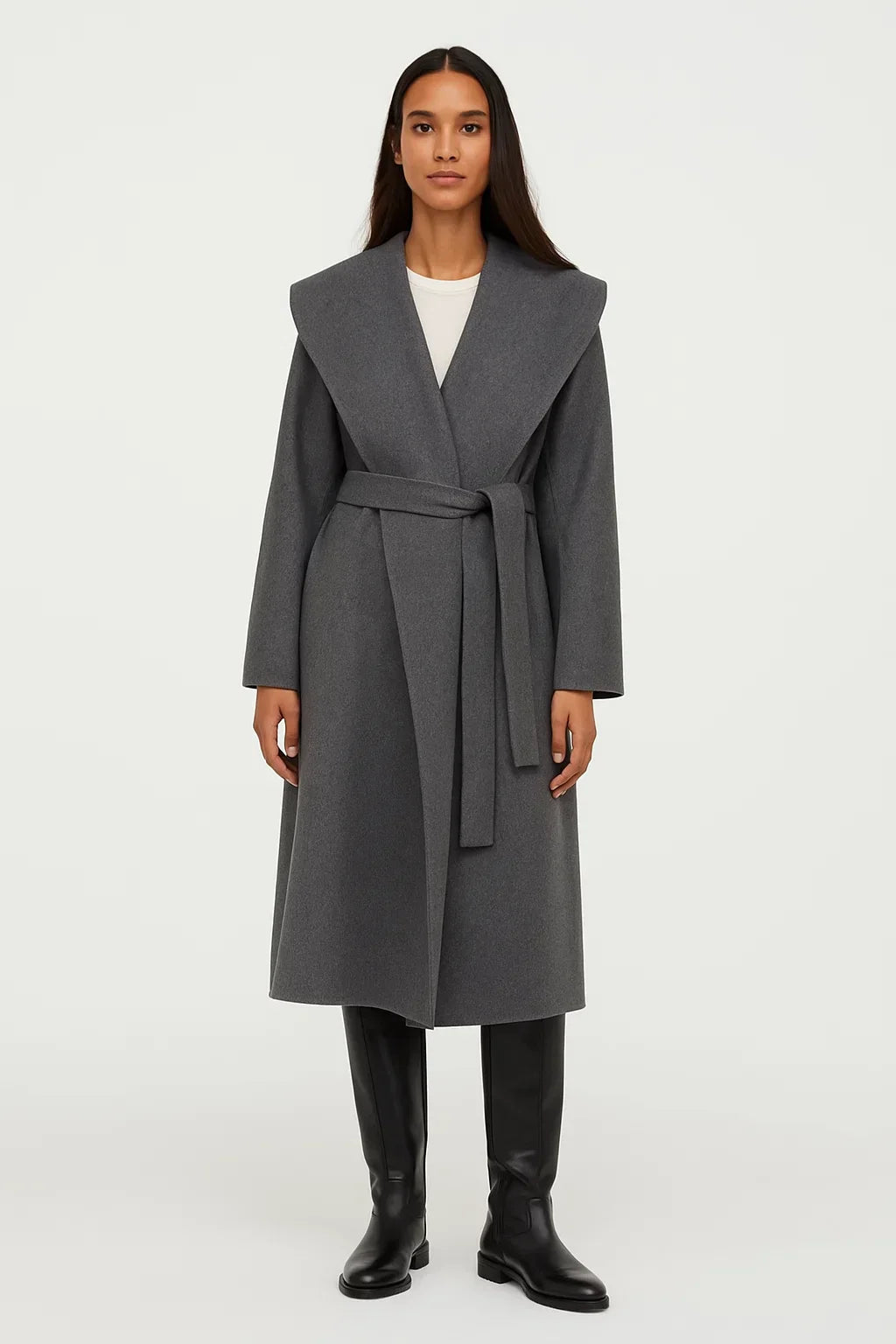 Manteau Long en Mélange de Laine | Col Châle | Ceinturé