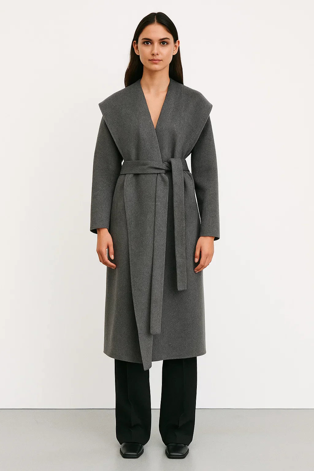Manteau Long en Mélange de Laine | Col Châle | Ceinturé