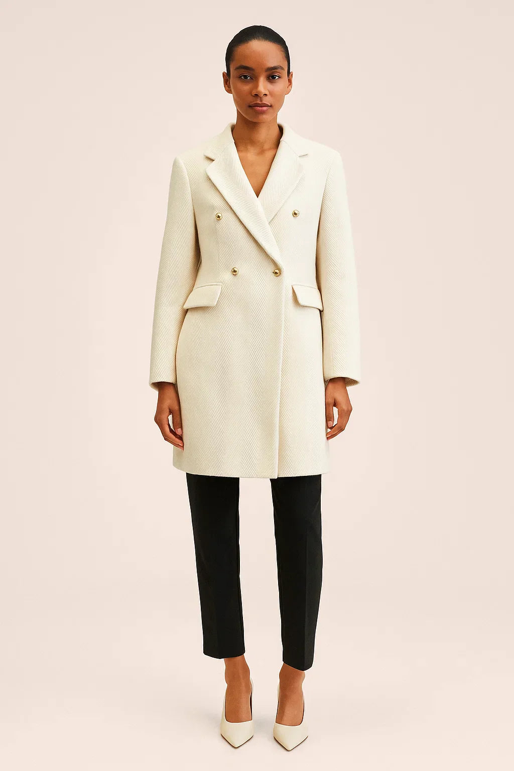 Manteau Long en Mélange de Laine | Tissage Chevron | Double Boutonnage Boutons Or