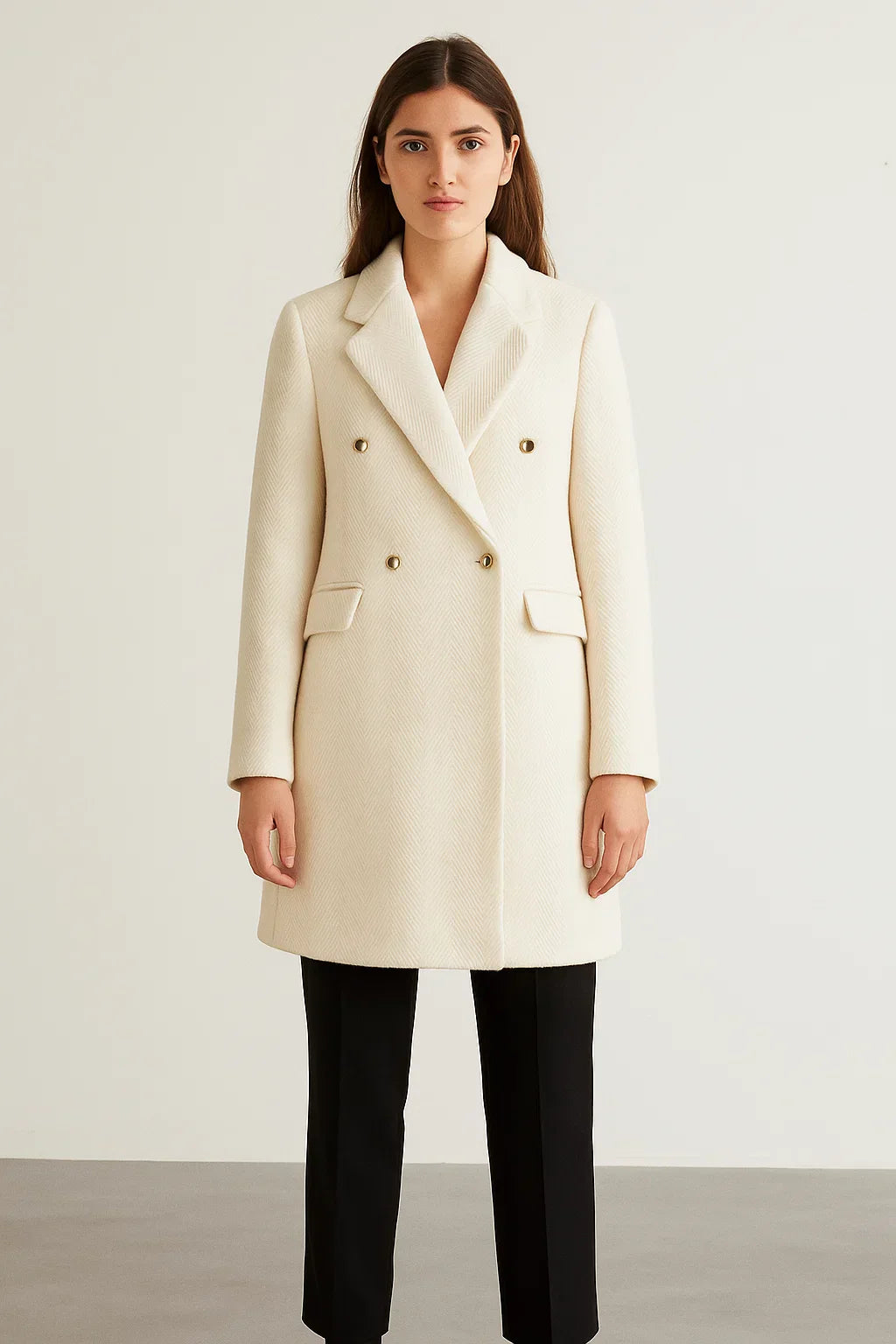 Manteau Long en Mélange de Laine | Tissage Chevron | Double Boutonnage Boutons Or