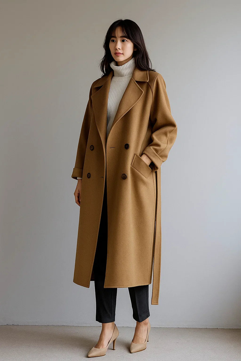 Manteau Long en Mélange de Laine | Coupe Oversize | Design Hiver Ceinturé