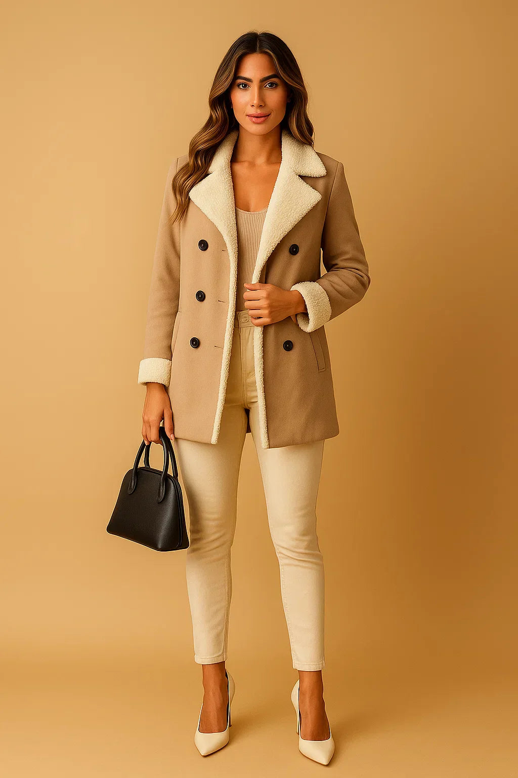 Manteau en Mélange de Laine Double Breasted | Col en Shearling | Vêtements d'Hiver