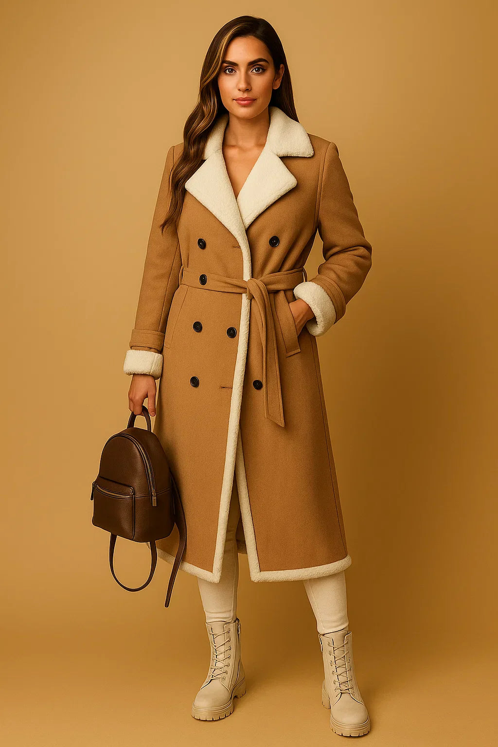 Manteau en Mélange de Laine Double Breasted | Col en Shearling | Vêtements d'Hiver