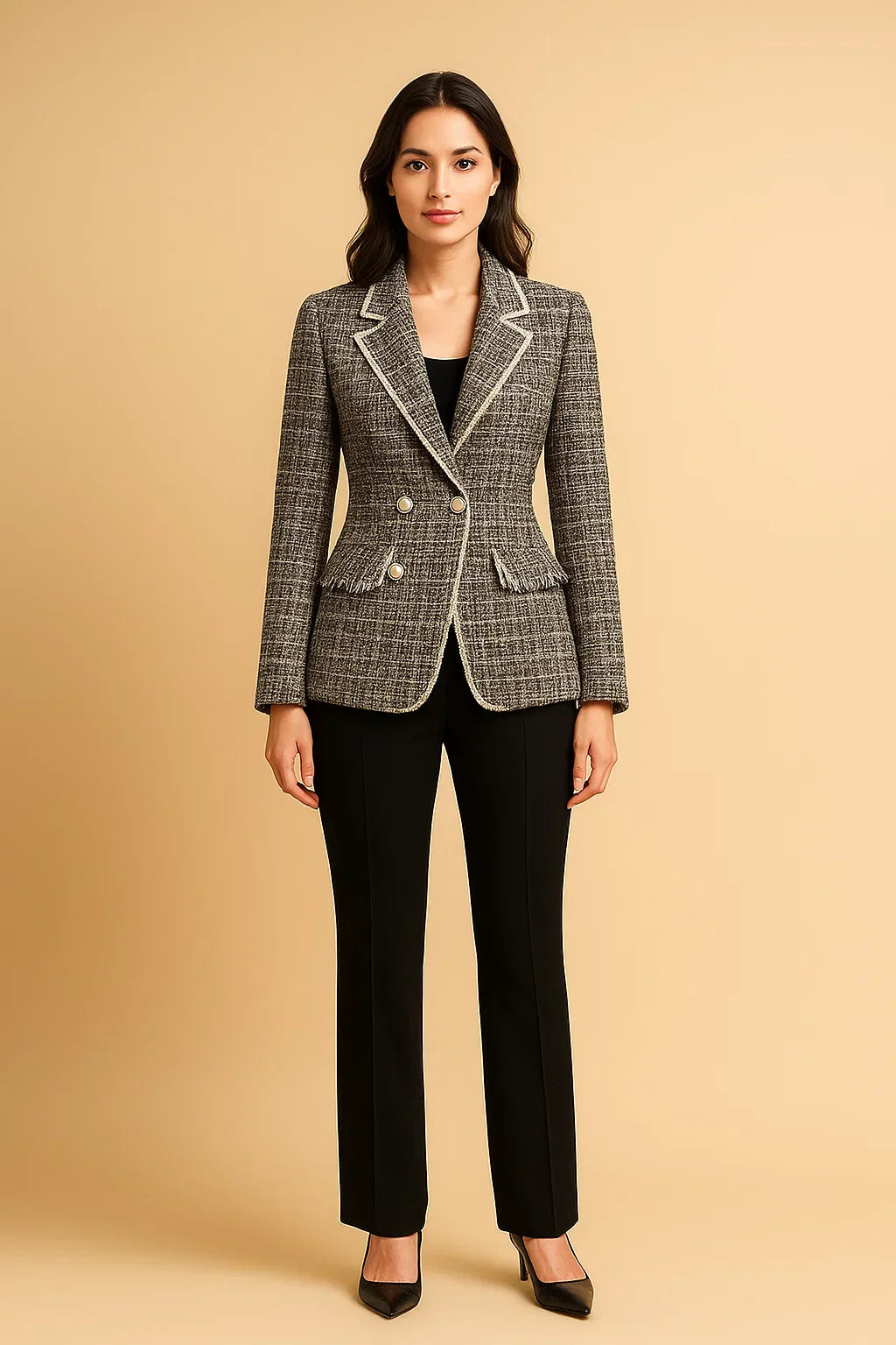 Blazer Tweed Double-Breasted | Boutons Perles | Coupe Structurée