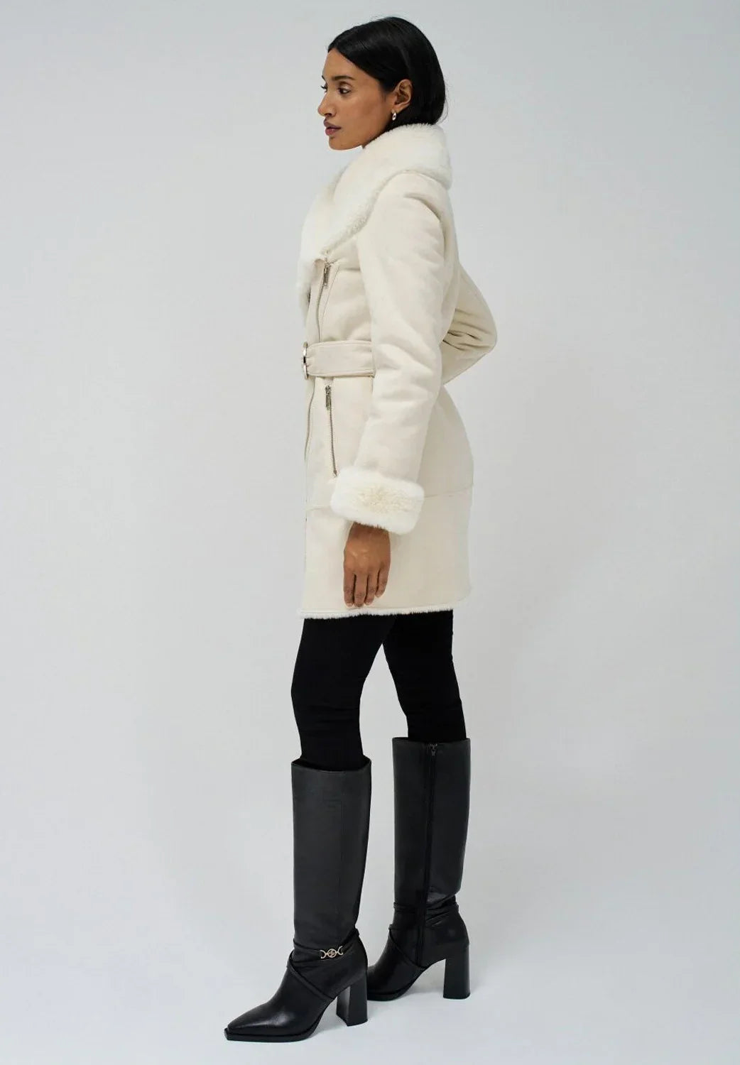 Manteau en Faux Shearling | Col Revers | Fermeture Éclair Latérale