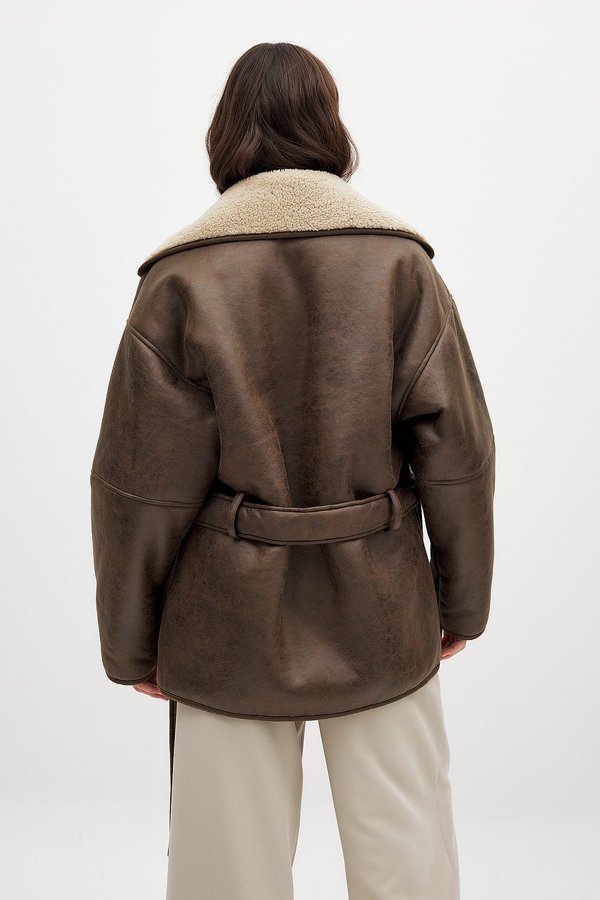 Manteau en faux shearling | Col Revers | Fermeture Éclair Latérale