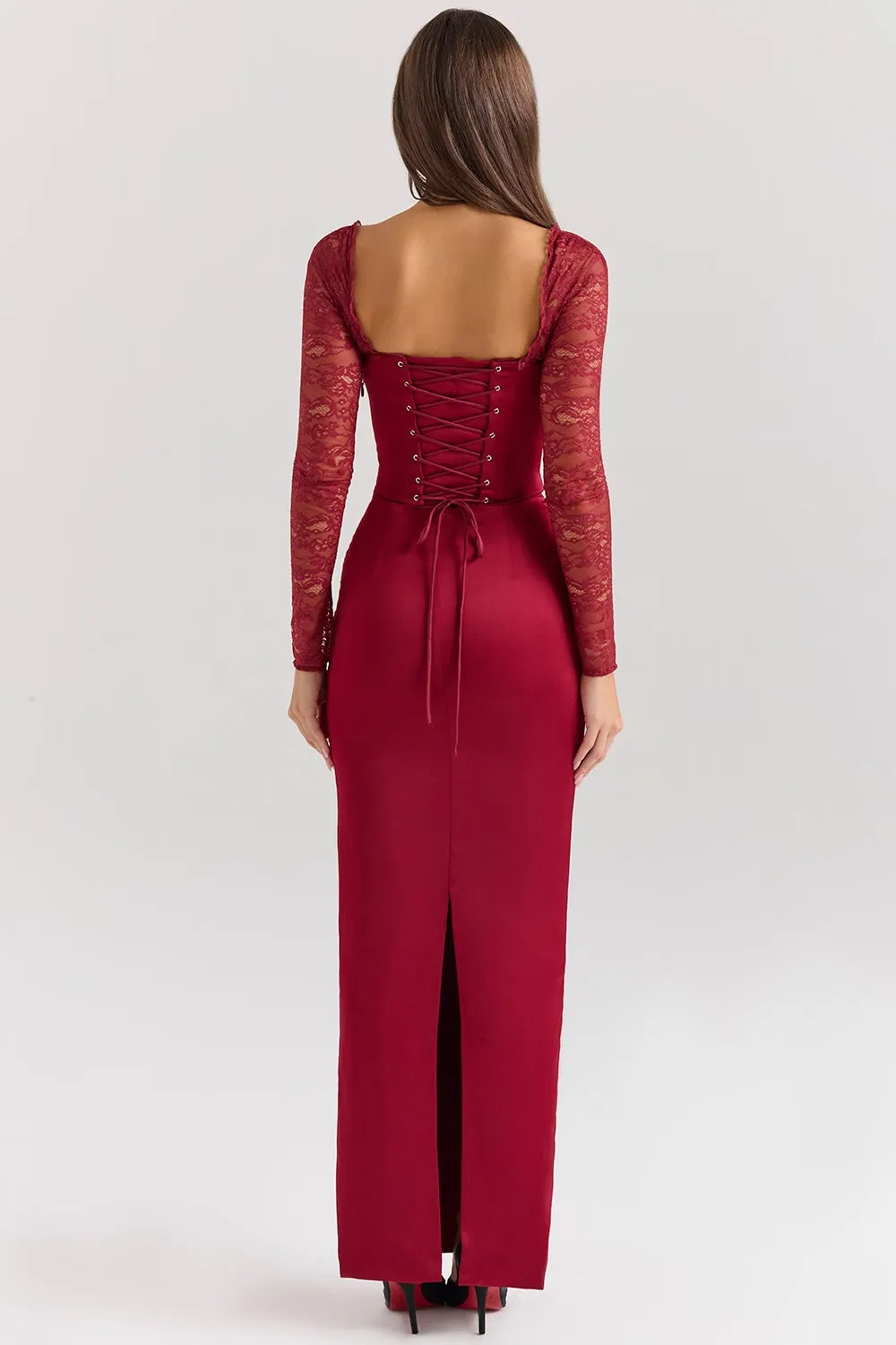 Robe Maxi Satin Lace | Corset, Manches Transparentes, Fente Arrière