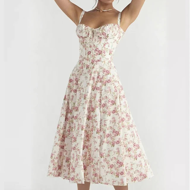 Robe Midi Florale Corsetée | Décolleté Coeur, Jupe Fendue, Bretelles Spaghetti